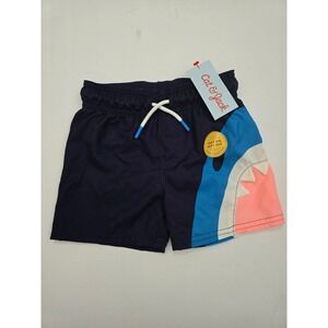 Cat & Jack Boys Shark Swim Trunks Navy Blue Coral UPF 50+ Flexible Drawstring